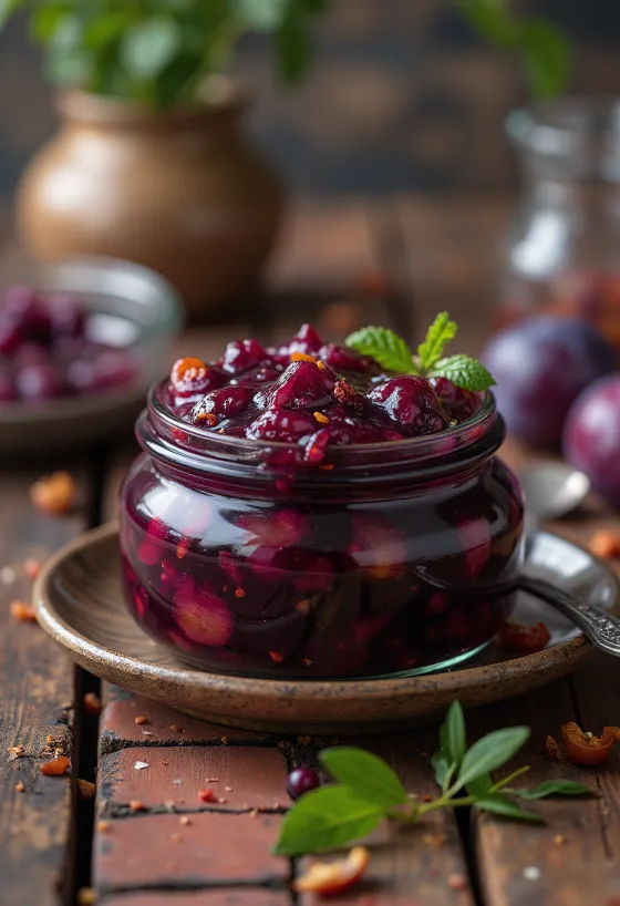Chutney de prune picant în borcan și servit