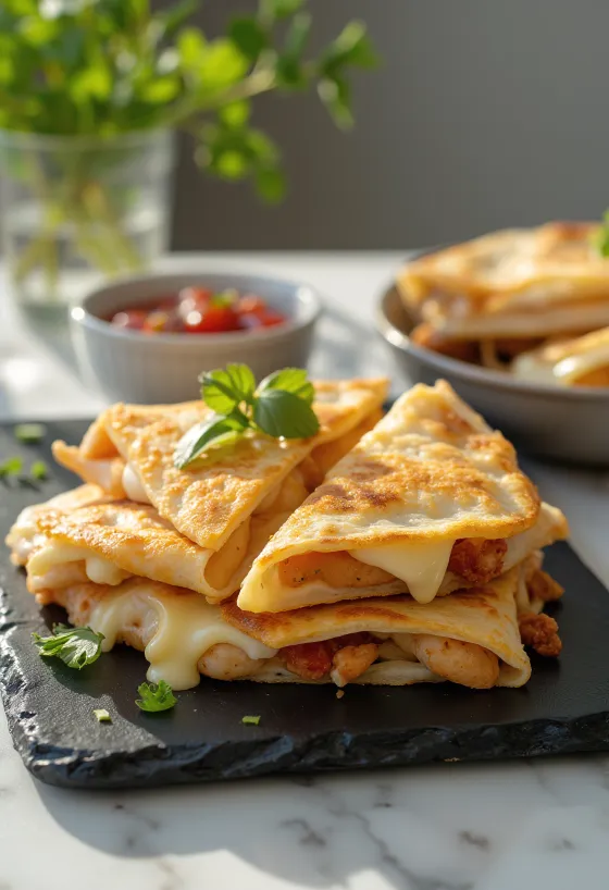 Quesadilla cu pui prăjită auriu, servită cu brânză topită și ierburi proaspete
