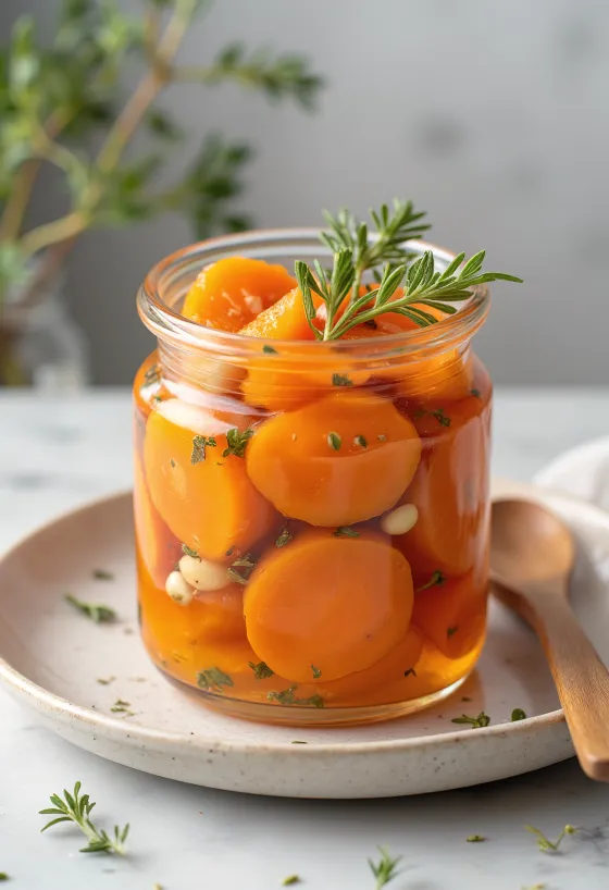 Escabeche de morcovi servit cu condimente proaspete