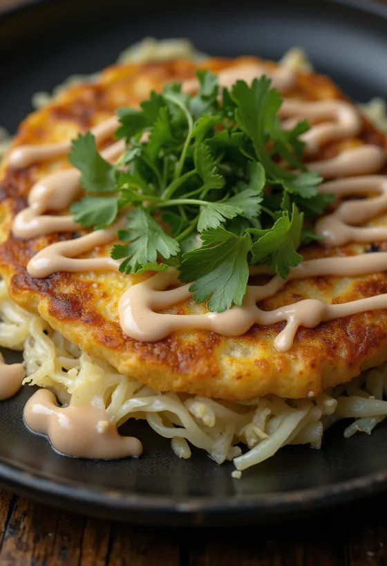 Okonomiyaki cu coriandru, prăjit uniform, servit cu varză proaspătă și coriandru