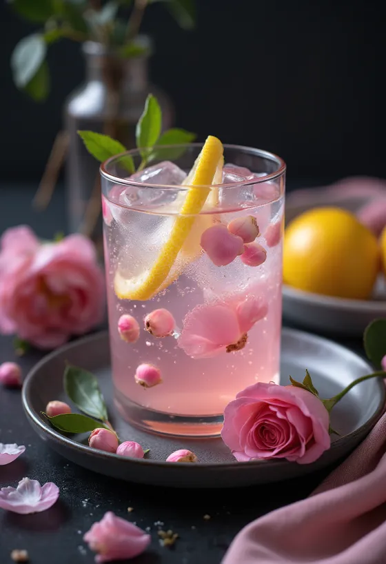 Limonadă cu apă de trandafiri servită în pahar