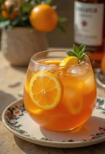 Punch cu rom servit cu bucăți de fructe și gheață