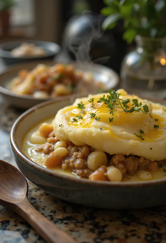 Shepherd’s pie cu usturoi servit, cu piure de cartofi deasupra