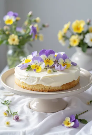 Tort de primăvară cu flori decorat cu flori comestibile