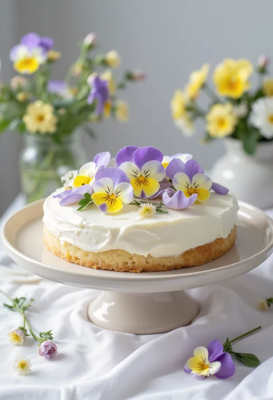 Tort de primăvară cu flori decorat cu flori comestibile