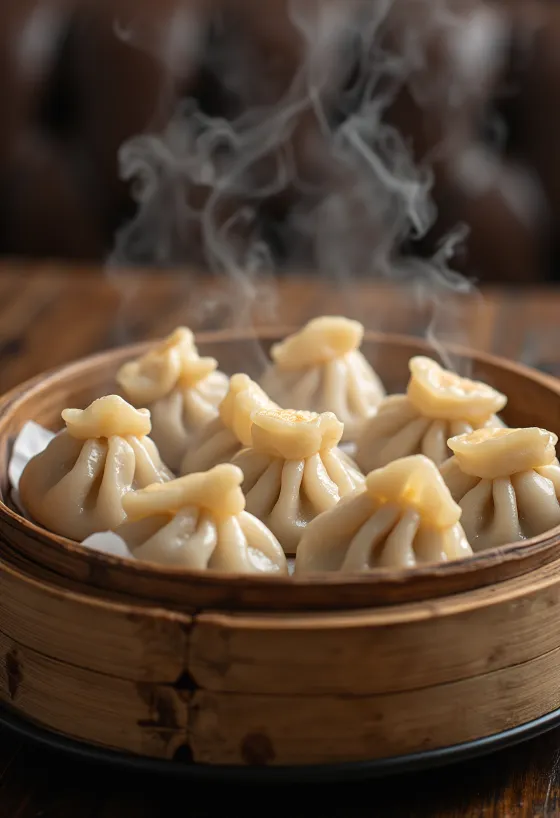 Dim sum cu carne de porc servit în coș de bambus