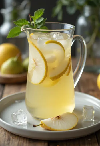 Limonadă cu pere și lămâie în pahar, decorată cu mentă proaspătă și felie de pară