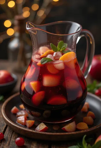 Sangria servită cu fructe proaspete și cuburi de gheață