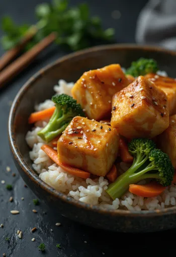 Tofu prăjit servit cu legume și orez