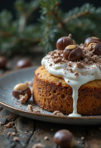 Tort de iarnă cu castane decorat cu ciocolată neagră și nuci