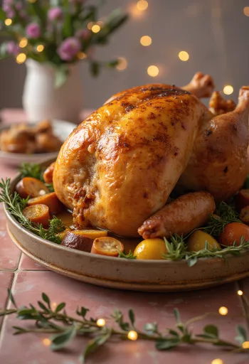 Curcan umplut copt la cuptor, cu piele crocantă și umplutură bogată.