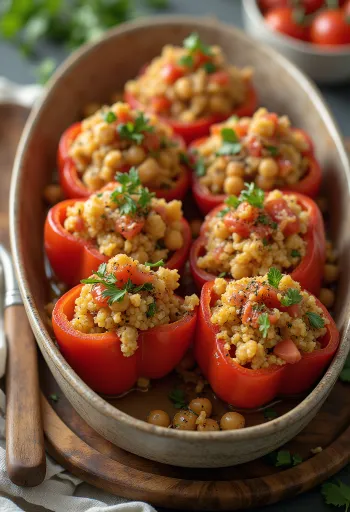 Ardei umpluți cu quinoa vegani serviți