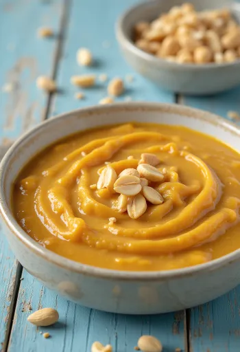 Sos de arahide cu curry servit într-un bol cu coriandru proaspăt