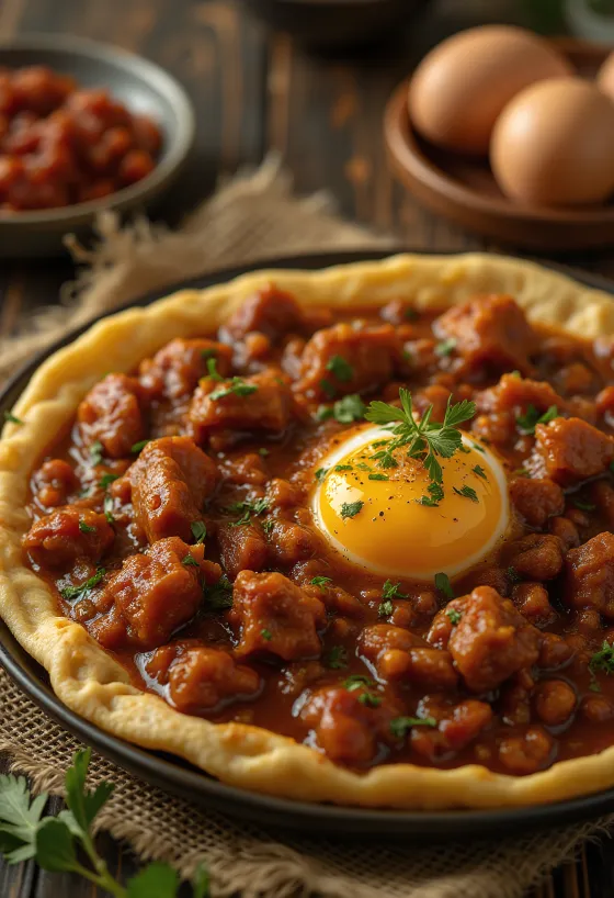 Doro Wat servit cu ou fiert și foi injera