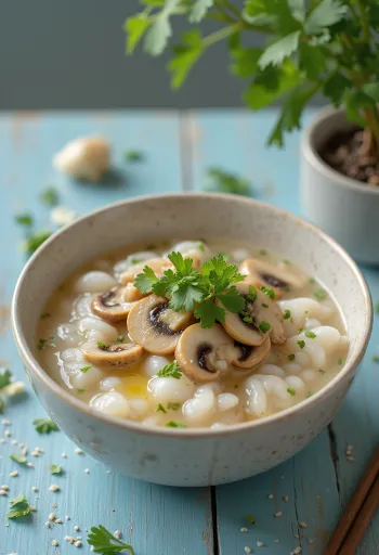 Bol cu Congee cremos de orez, ciuperci și coriandru