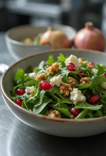 Salată de rucola cu rodie, brânză feta și nucă