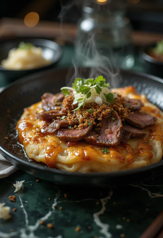 Okonomiyaki preparat cu carne de vită servit, cu sos okonomiyaki și fulgi bonito