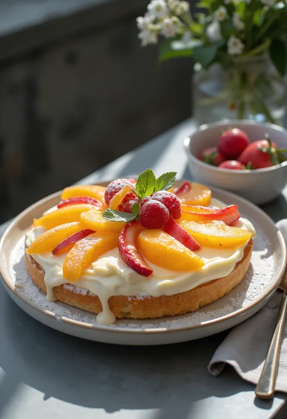 Tort de fructe cu pișcot, fructe proaspete și jeleu