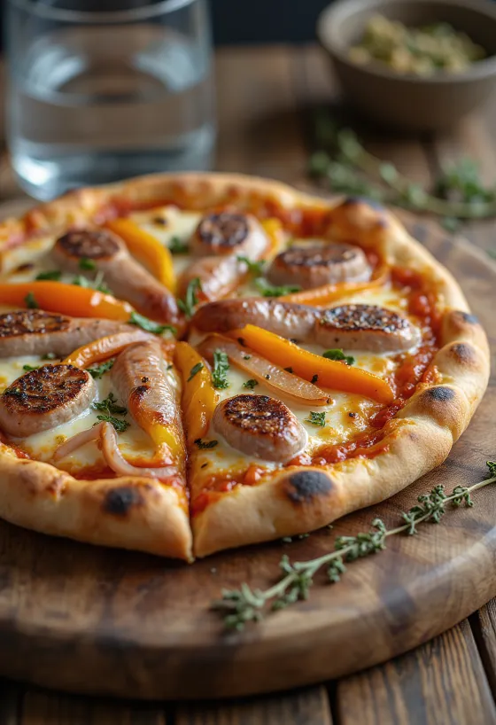 Pizza Viennese cu cârnați austrieci, ardei și mozzarella