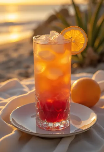 Cocktail Sex on the Beach decorat cu o felie de portocală și cireașă de cocktail