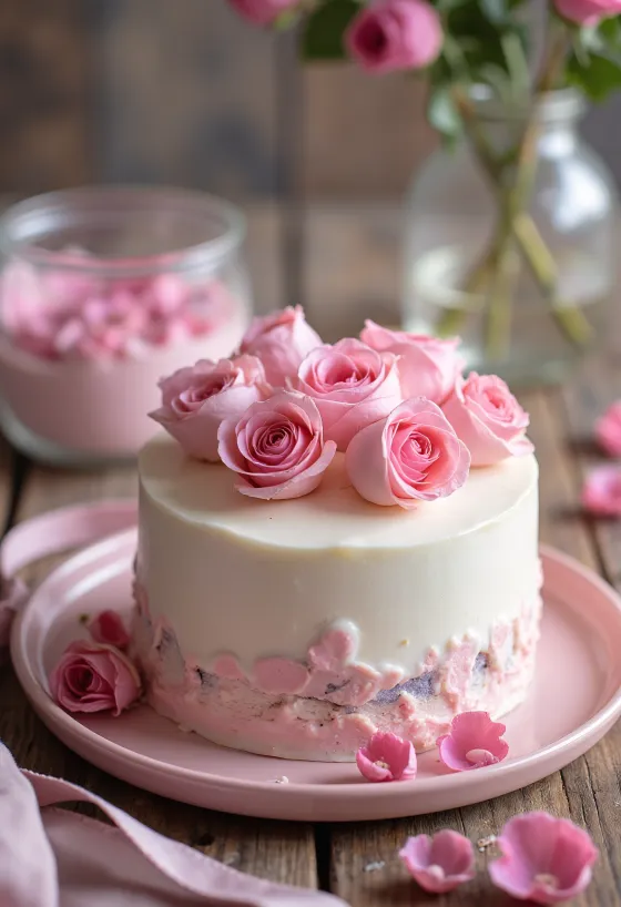Tort cu trandafiri de Ziua Îndrăgostiților cu înveliș de fondant alb și petale de trandafir