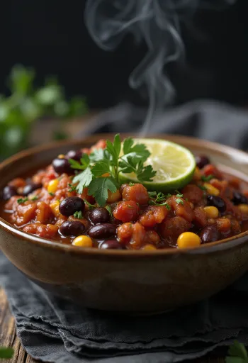 Chili vegan cu fasole, în sos bogat condimentat, ornat cu coriandru proaspăt.