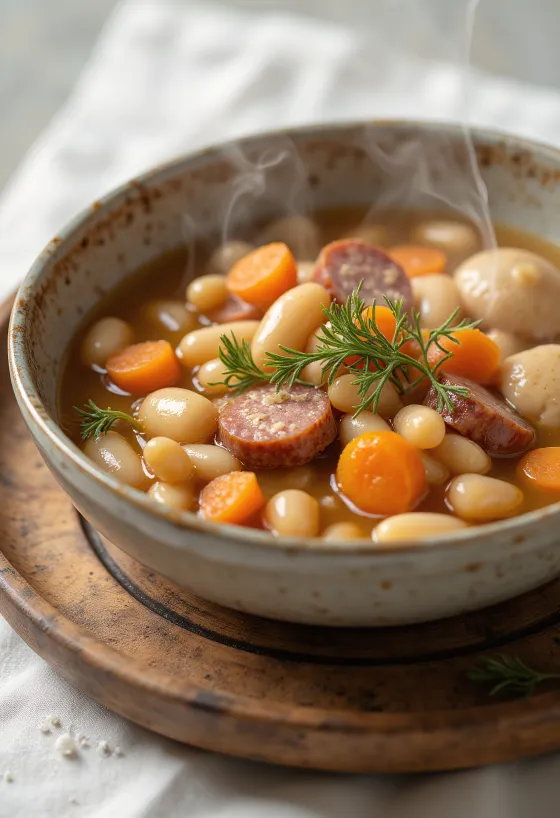 Supă de fasole tradițională cu tăiței ciupiți, servită cu bază de carne afumată