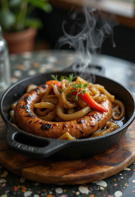 Boerewors cu ceapă, ardei și condimente într-o tigaie