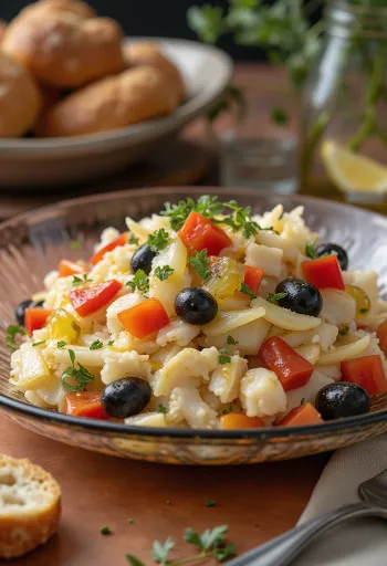 Esqueixada cu măsline negre servită cu cod roșii și pătrunjel