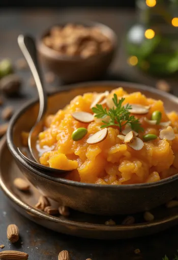 Gajar ka halwa servit proaspăt cu cardamon și migdale
