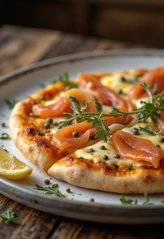 Pizza à la Norvégienne cu somon afumat, capere și smântână