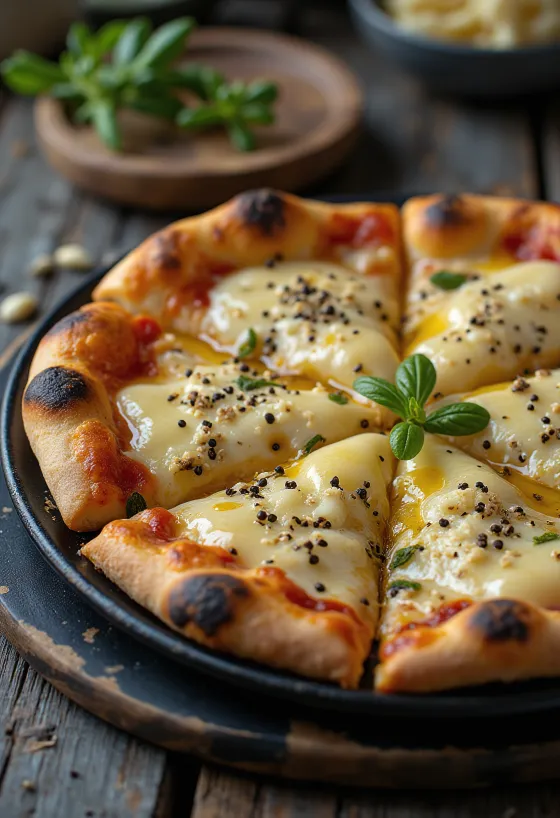 Pizza al Pepe cu diverse brânzeturi și piper proaspăt