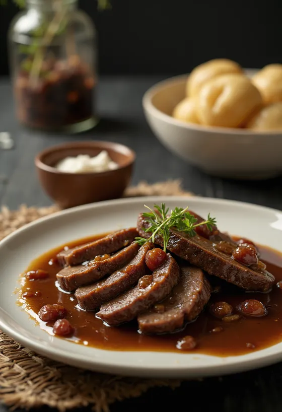 Sauerbraten friptură de vită marinată servită