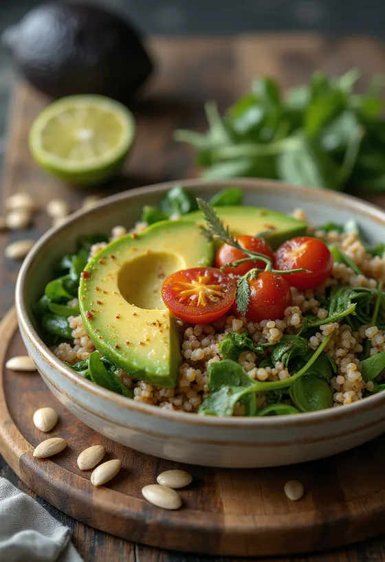 Bol Buddha cu quinoa și spanac, cu avocado