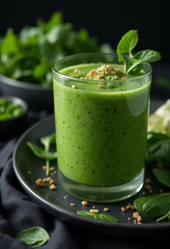 Smoothie cu spanac într-un pahar înalt, decorat cu legume și fructe