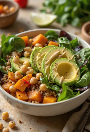 Buddha bowl cu cartofi dulci copți, quinoa și dressing de tahini