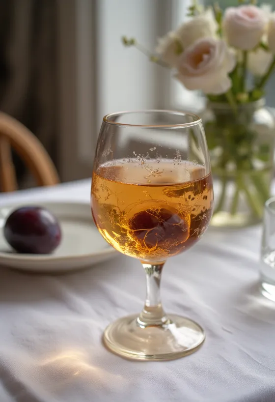 Pălincă de prune servită în sticlă