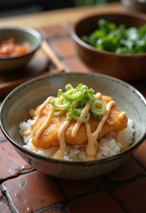 Katsudon cu ton și maioneză, servit în sos bogat
