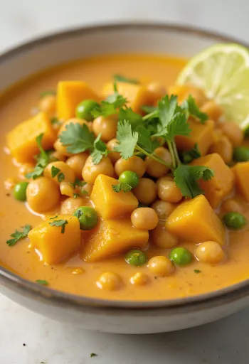 Curry vegan cu lapte de cocos servit cu legume
