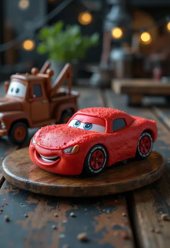 Tort Mașini (Cars) cu înveliș de fondant roșu și elemente decorative auto