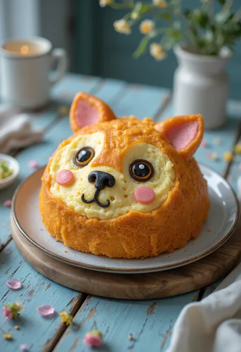 Tort în formă de animal cu înveliș de fondant și decor de așchii de ciocolată