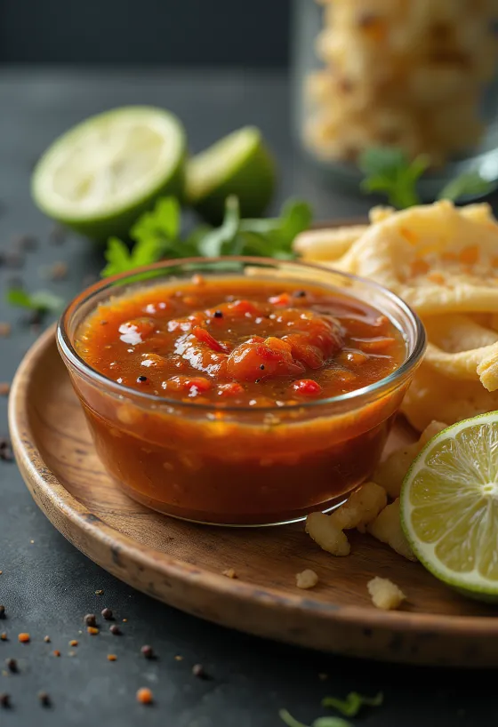 Sos BBQ picant cu lime și chili într-o sosieră