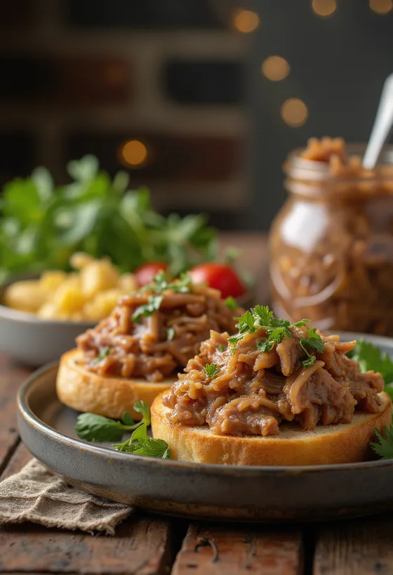 Duck rillette servit într-un borcan rustic cu pâine și murături