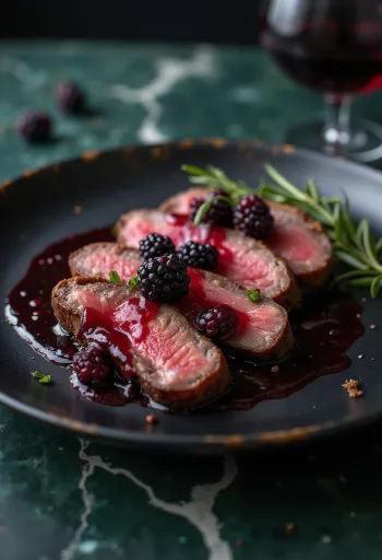 Steak de elan cu reducție de fructe de pădure servit cu legume