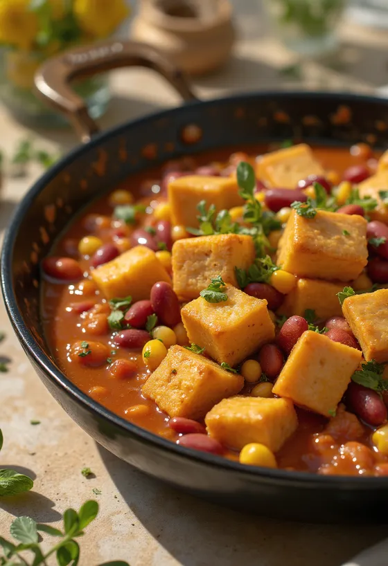 Tofu picant cu fasole servit