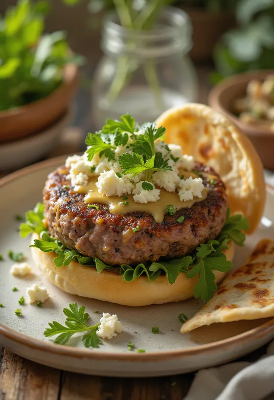 Hamburger oriental cu sos tahini și chiftea de miel