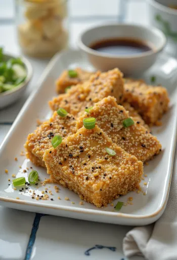 Tofu copt cu crustă de susan, prăjit crocant și auriu, servit cu legume proaspete.