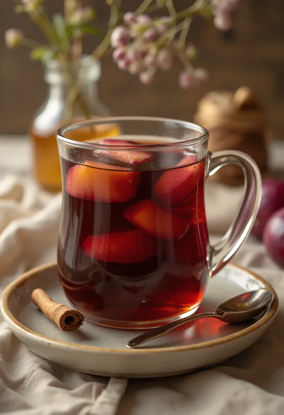 Ceai fierbinte cu prune servit în pahar
