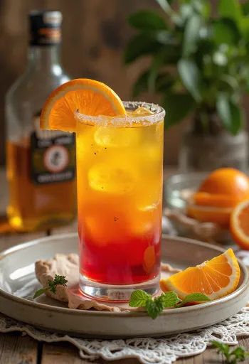 Cocktail Tequila Sunrise decorat cu o felie de portocală și cireașă