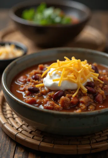 Elk chili servit într-un bol rustic cu garnituri
